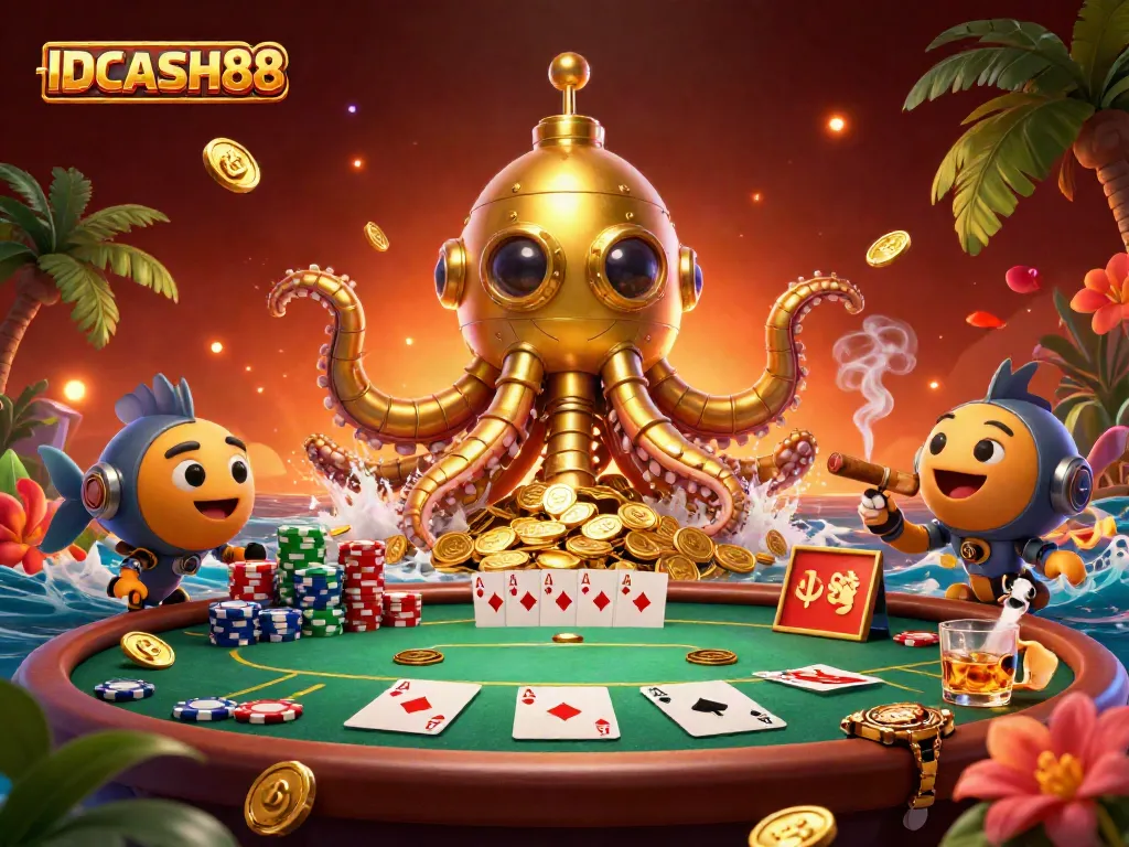 Experience thrilling gameplay with IDCASH88 featuring a golden kraken submarine amidst golden coins and vibrant poker elements.