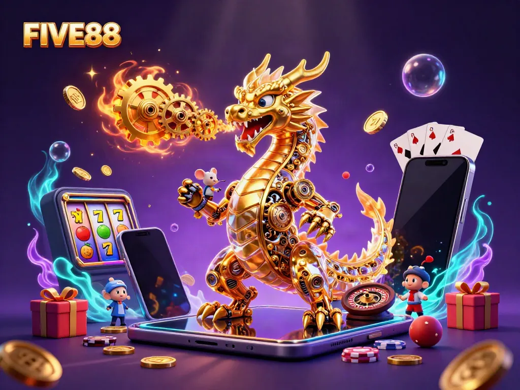 Experience excitement at FIVE88 with dynamic casino action featuring slots and a golden dragon.