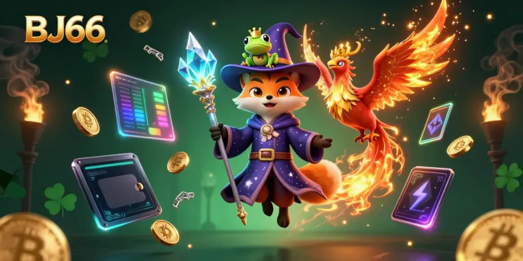 Một hình minh họa về trải nghiệm casino BJ66 với một pháp sư cáo huyền bí và một phượng hoàng, nổi bật với các trò chơi trực tuyến thú vị.