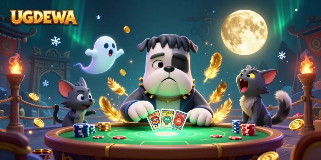Play cards with the unique UGDEWA characters at a vibrant casino scene filled with excitement.