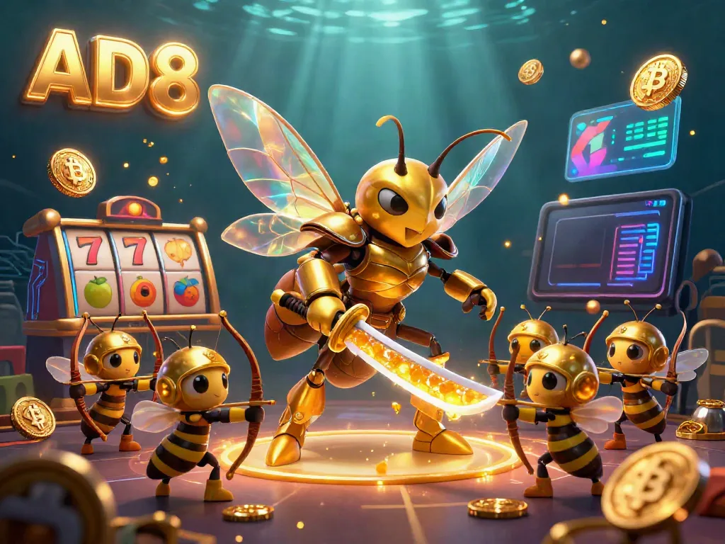 Experience thrilling gameplay with AD88's dynamic casino scene illustrated in stunning detail with golden samurai hornet.