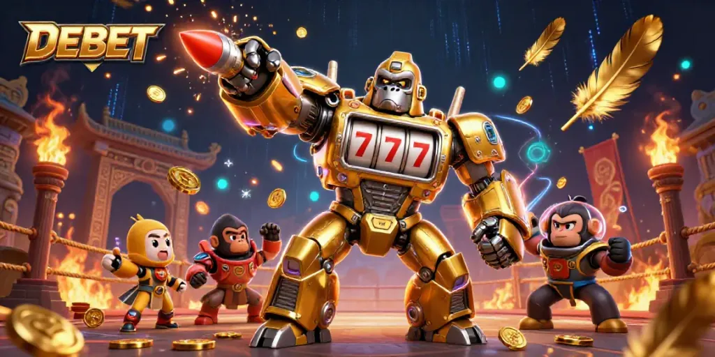 Engage with DEBET's thrilling slots through a dynamic 3D illustration featuring a golden gorilla mech.