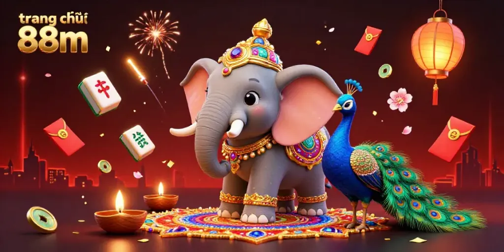 Experience the vibrant world of trang chủ 88m with a dazzling 3D illustration featuring a festive elephant and peacock.