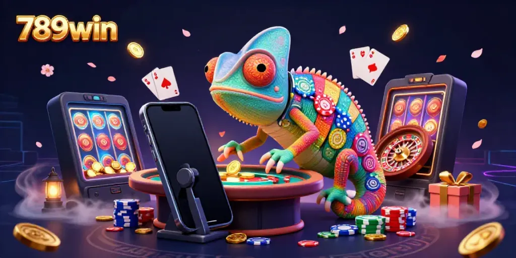 Engage with 789win's vibrant online casino scene featuring a chameleon owner and gaming elements.