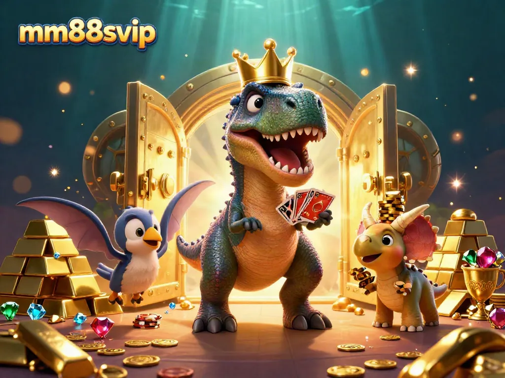 Experience the thrill of mm88svip gaming with a T-Rex shuffling cards and a Triceratops stacking chips amidst a treasure scene.