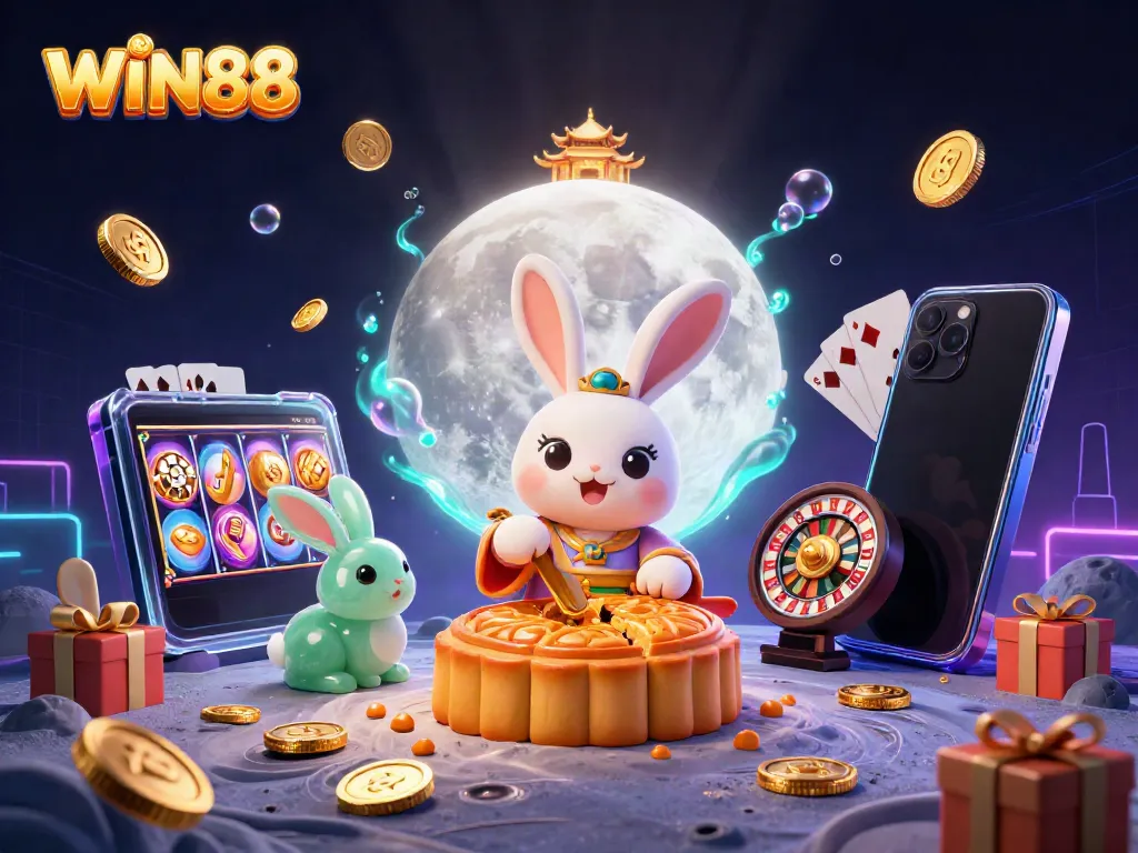 Experience WIN88's enchanting world with a moon rabbit bringing luck and golden treasures.