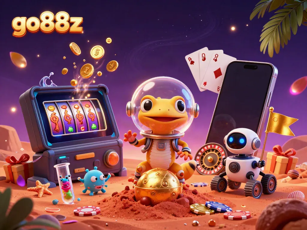 Experience the thrill of winning at go88z with a cartoon Martian gecko in a vibrant casino environment.