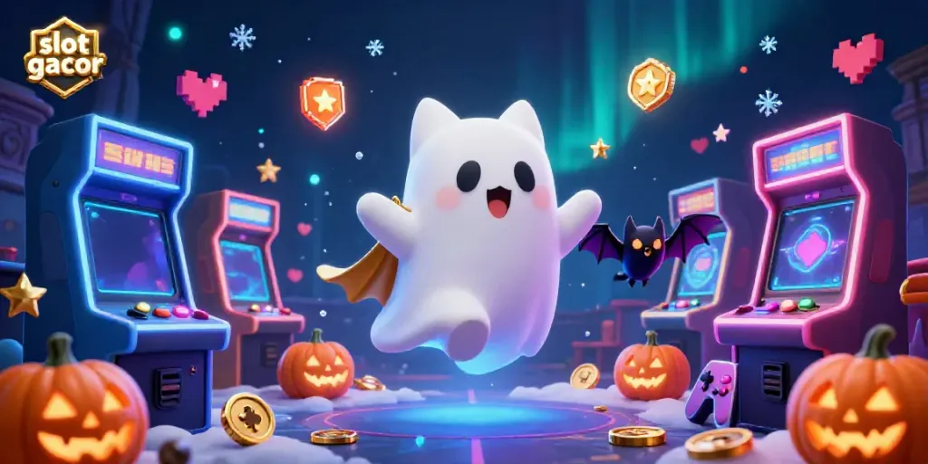 Experience thrilling slot gacor gameplay with friendly ghostly characters in a vibrant, haunted casino setting.