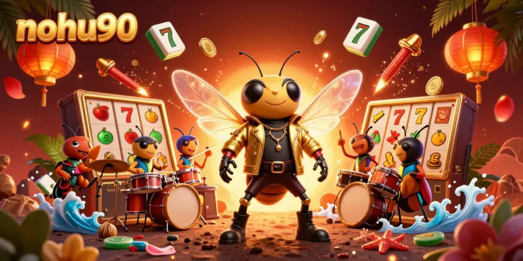 Engage with the exciting world of nohu90 as the cicada rock star performs amid slot game symbols and vibrant visuals.