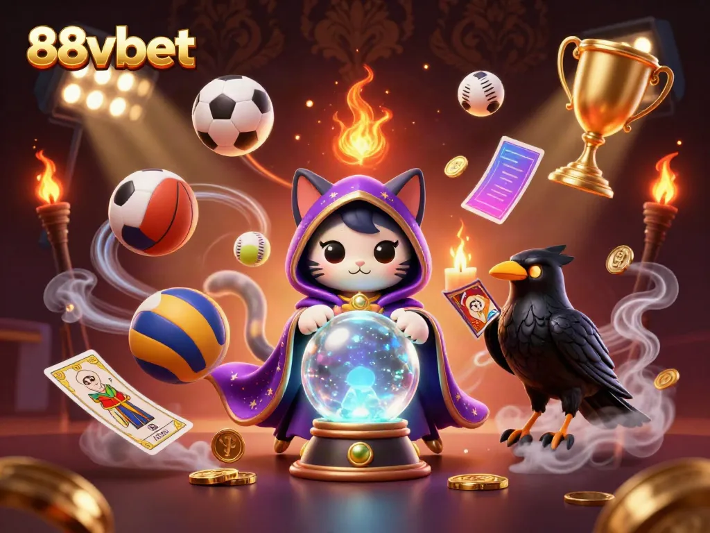 Engage in thrilling 88vbet sports betting with a mystical cat and a raven in a vibrant illustration.
