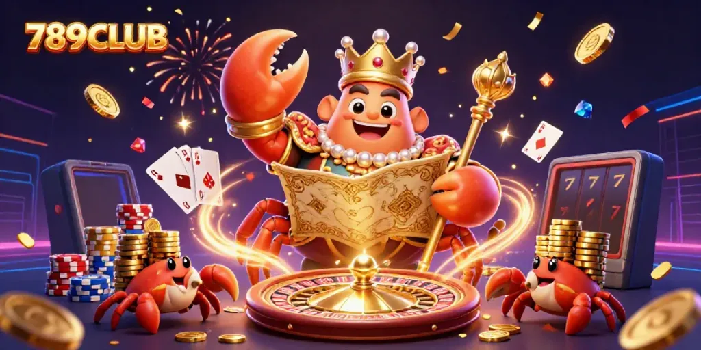 Engage with 789CLUB's immersive 3D casino illustration featuring a golden crab emperor and dynamic gaming elements.