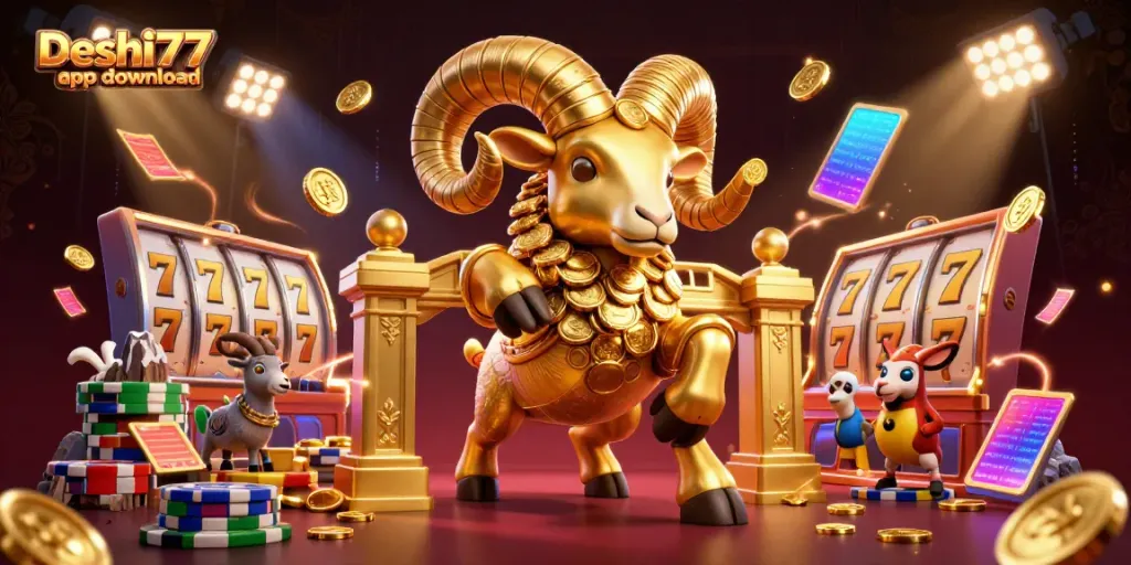Experience thrilling gaming with Deshi777 app download showcasing a golden ram charging through dynamic slot symbols.