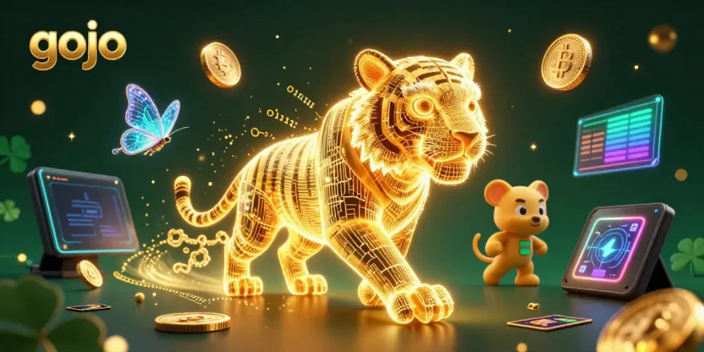 Engage with gojo-themed digital casino scene featuring a neon tiger and cryptocurrency elements.