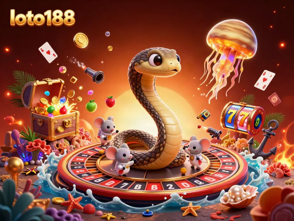 Engage in thrilling loto188 casino adventures with a vibrant 3D illustration showcasing cosmic roulette and playful astronaut mice.