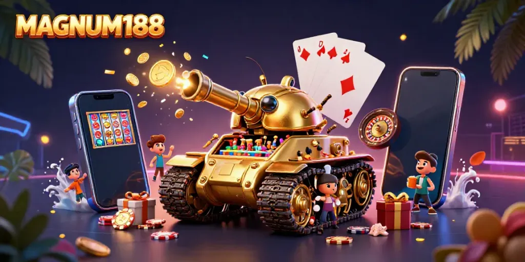 Experience the fun of MAGNUM188 with a dynamic casino scene featuring games and lucky symbols.