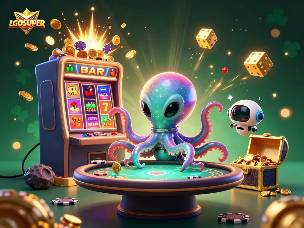 Experience gaming excitement with LGOSUPER featuring a vibrant, dynamic scene of an alien octopus at a poker table.