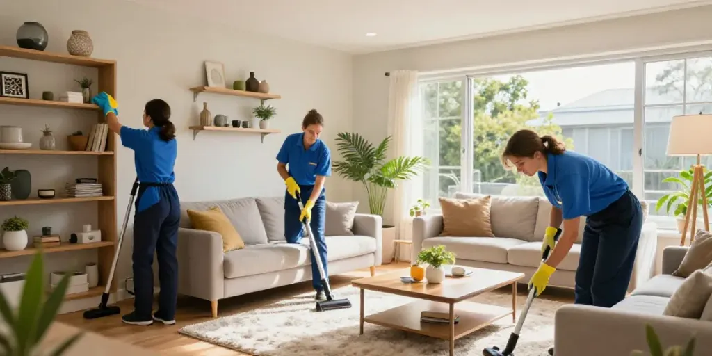 Professional team providing house cleaning in Melbourne, bright and inviting living room scene.