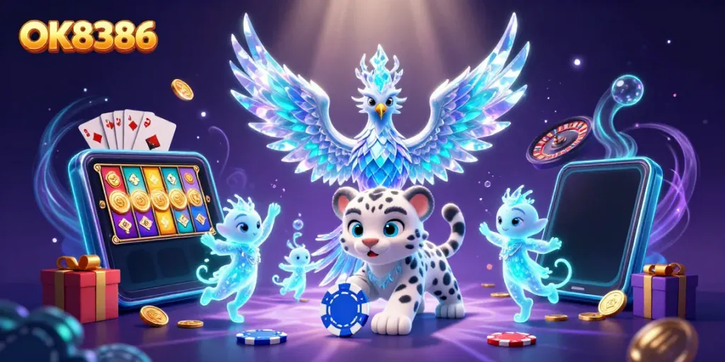 Engage with OK8386's thrilling casino world featuring an ice phoenix and dynamic game elements.