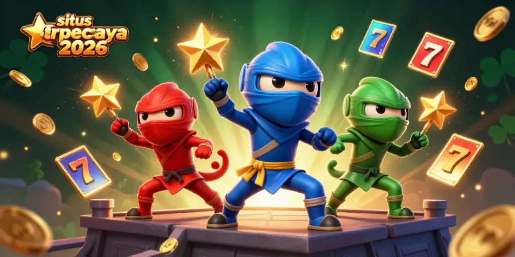 Menggambarkan chameleon ninja tim dengan berbagai outfit berwarna di atas atap sambil mengeluarkan simbol slot, situs terpercaya 2026.