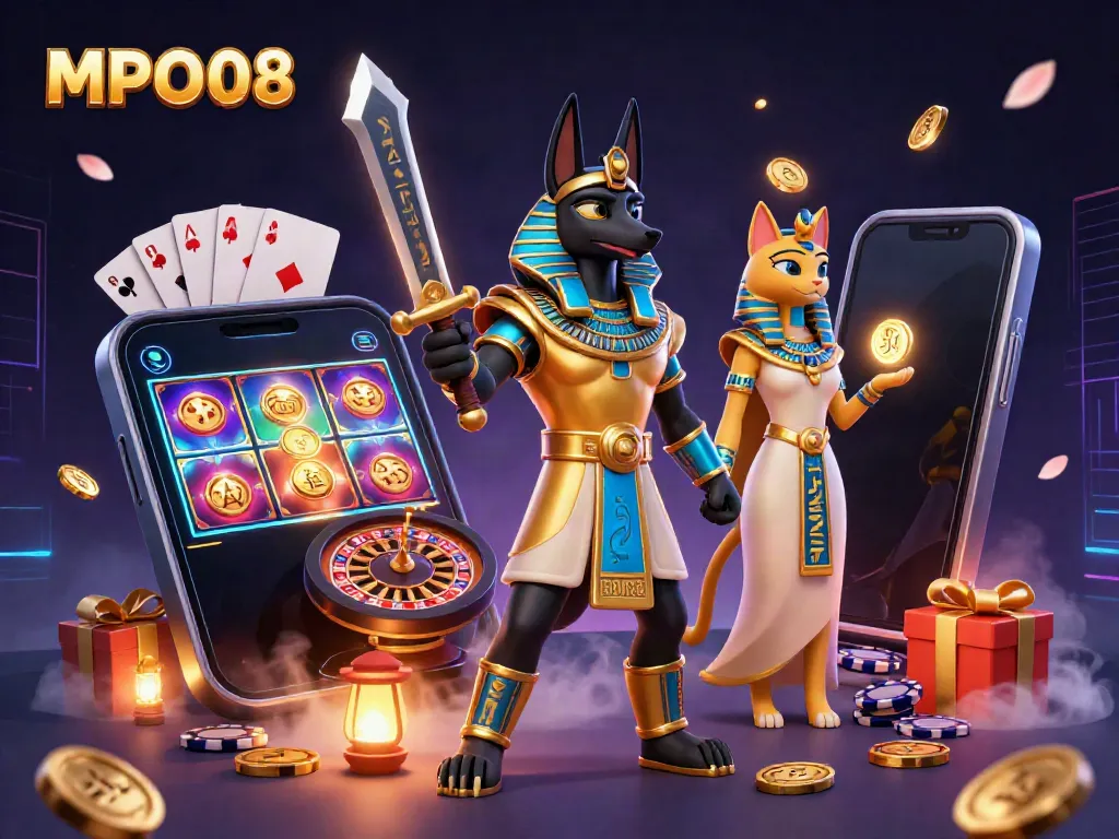 MPO08 depicts Anubis and Bastet amidst dynamic gaming elements showcasing slot themes and golden coins