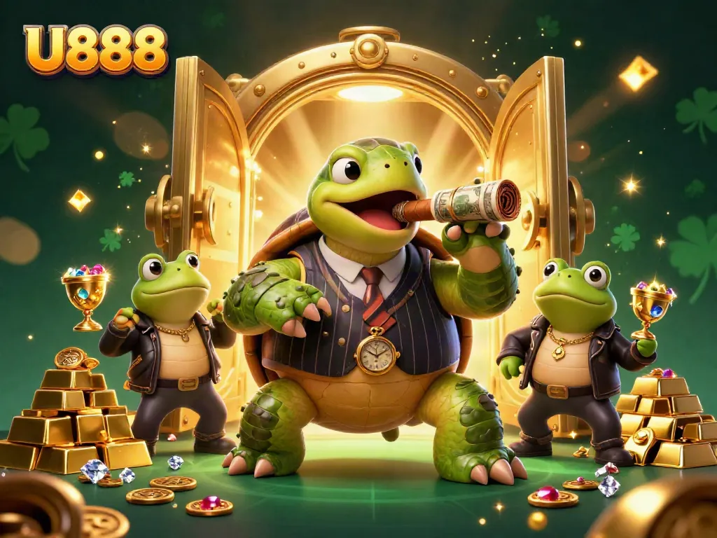 Experience U888's thrilling gambling scene with a massive turtle and bullfrog enforcers amidst sparkling treasures.
