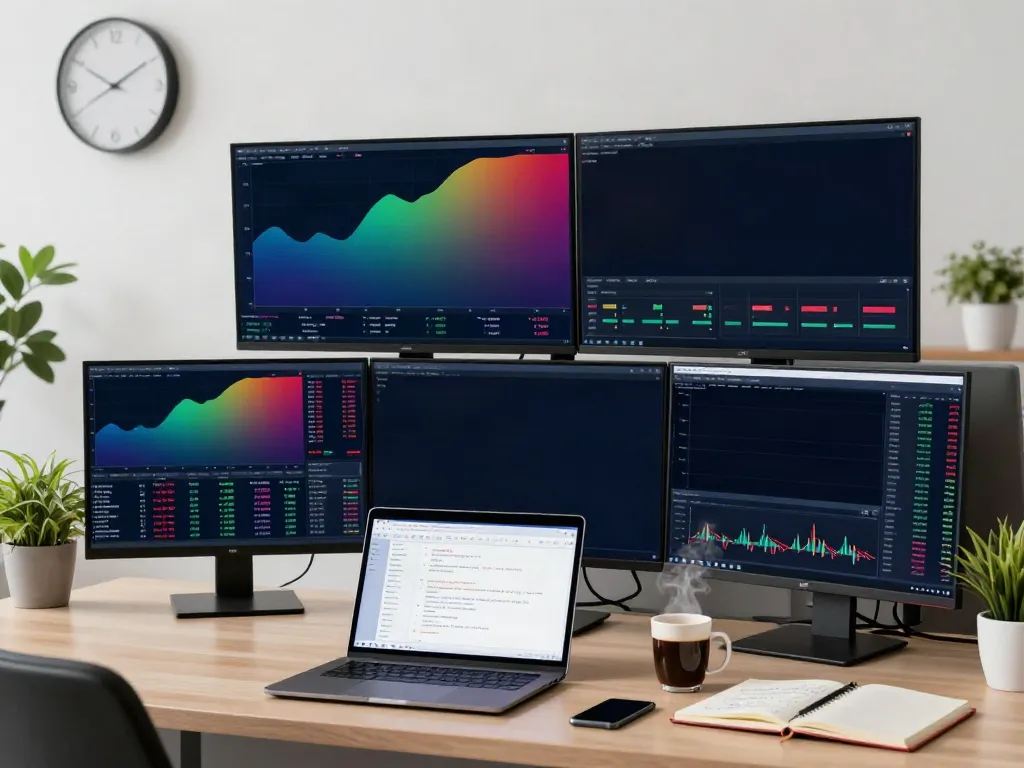 Trader using TradingView in a well-lit professional workspace with multiple screens and notes