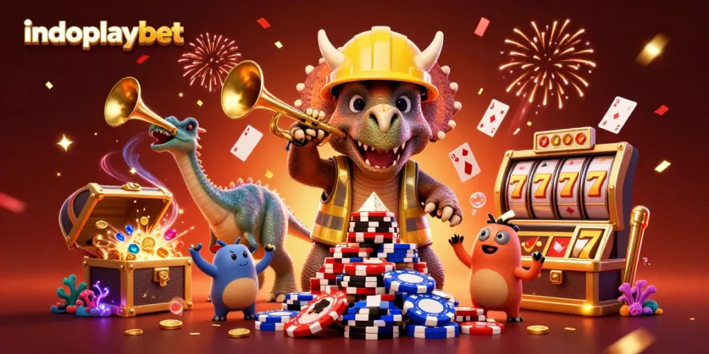 Permainan indoplaybet dengan dinosaur dan tumpukan chip poker dalam festival meriah.
