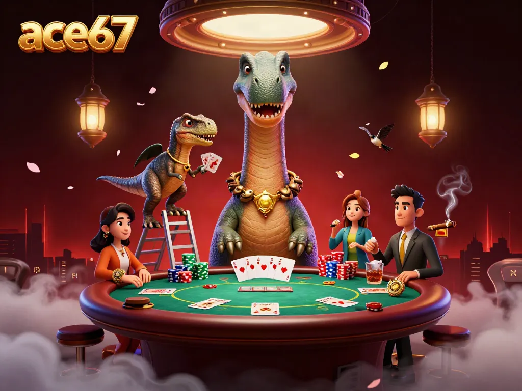 Poker scene in a casino featuring ace67, with a giant dinosaur and raptor dealer.
