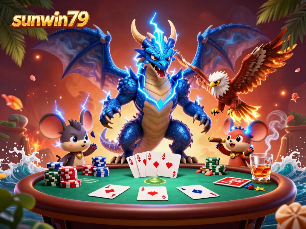 Experience the excitement of sunwin79 with a lively 3D casino illustration featuring iconic game elements.