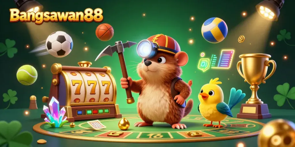 Bangsawan88 captivates players with a vibrant casino-themed scene featuring a treasure hunter mole and energetic game elements.