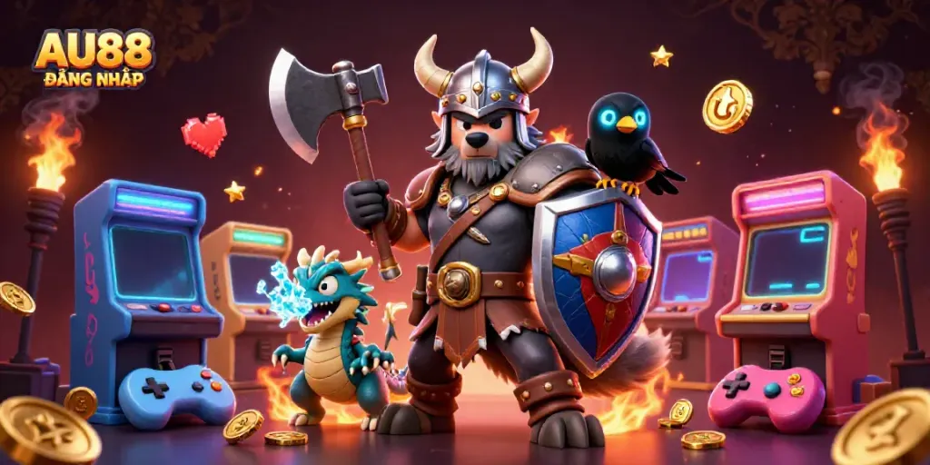 Experience the thrill of AU88 ĐĂNG NHẬP with an exciting, dynamic casino scene featuring a Viking wolf warrior and magical creatures.