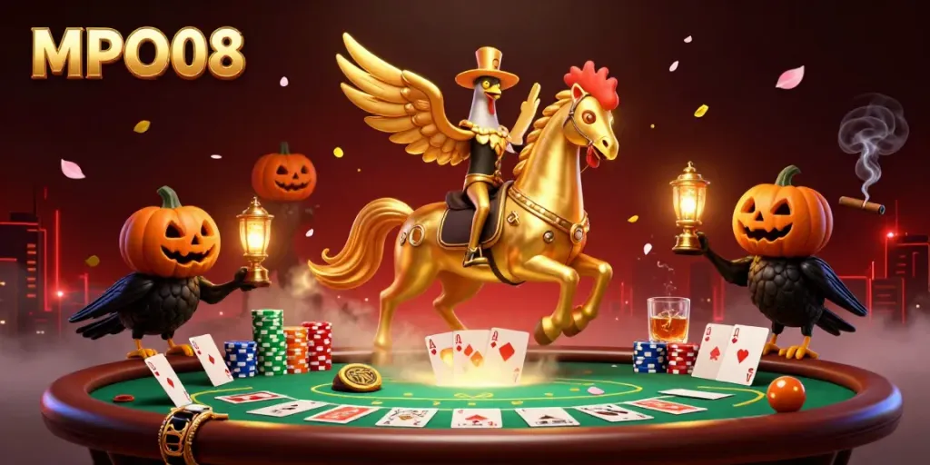 MPO08 invites players to explore a dazzling casino scene filled with golden characters, poker elements, and vibrant colors.