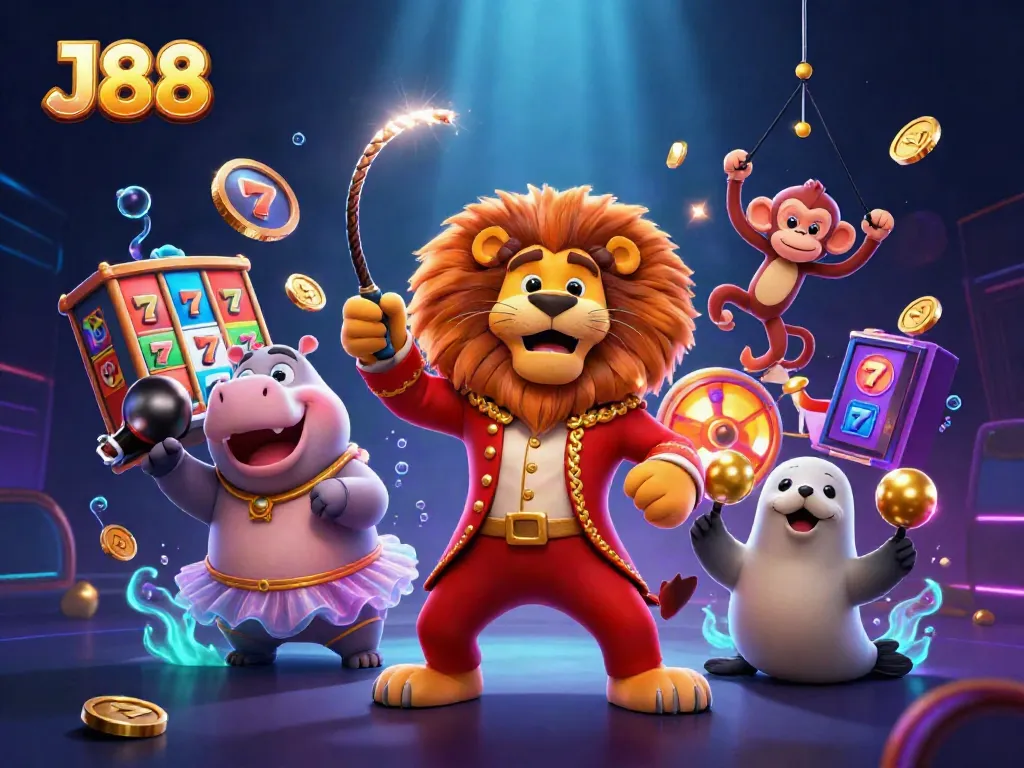 Engage with the thrilling world of J88 casino slots, featuring vibrant, animated characters and dynamic game elements.
