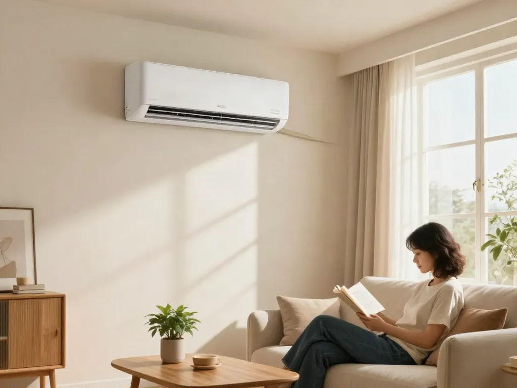Cozy living room with mini split AC providing comfort and style.
