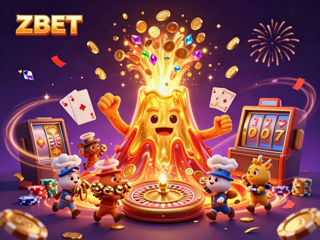 Experience ZBET with thrilling winnings from a jubilant volcano erupting coins in a vibrant casino scene.