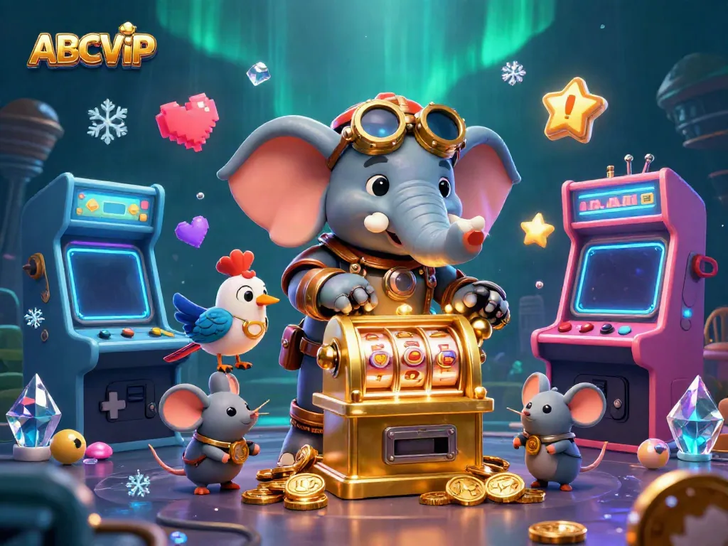 Experience the thrilling adventure at ABCVIP with our steampunk elephant engineer operating golden slot machines amidst vibrant gaming elements.