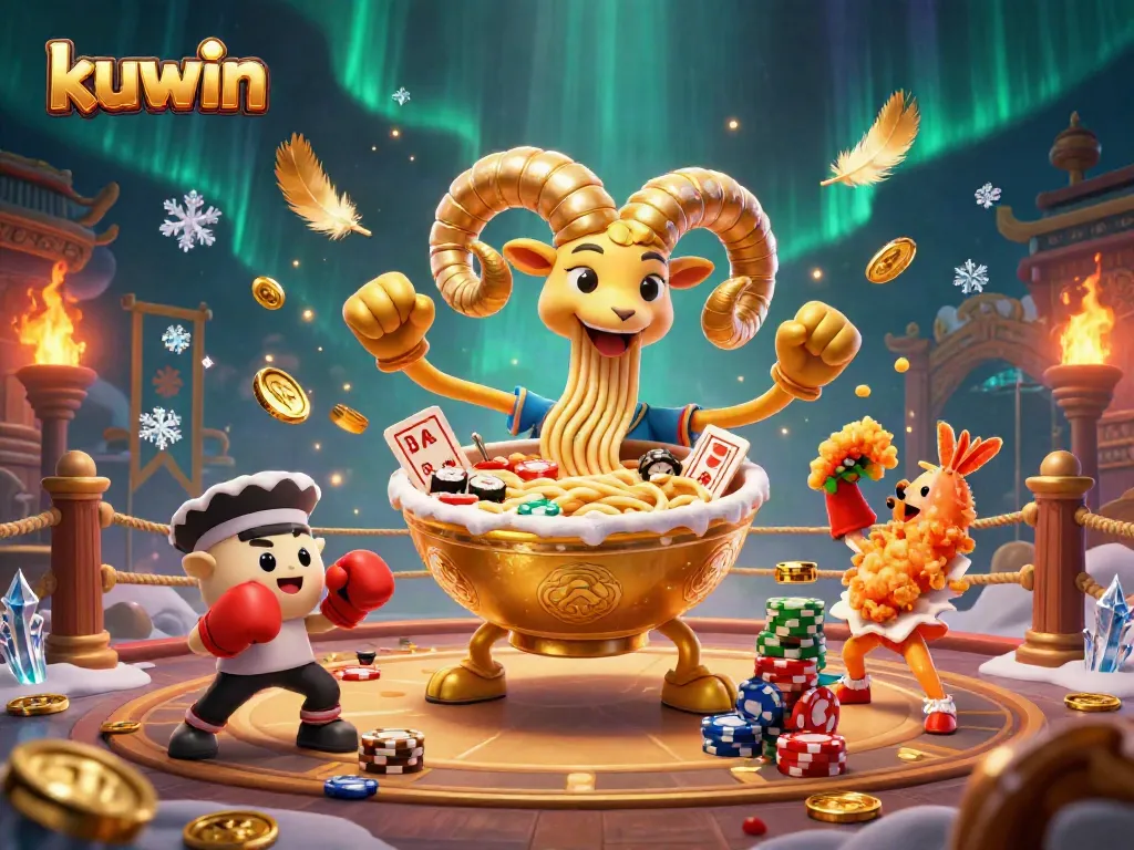 Kuwin showcases a lively casino scene with animated characters involved in high-stakes card games and vibrant betting exchanges.