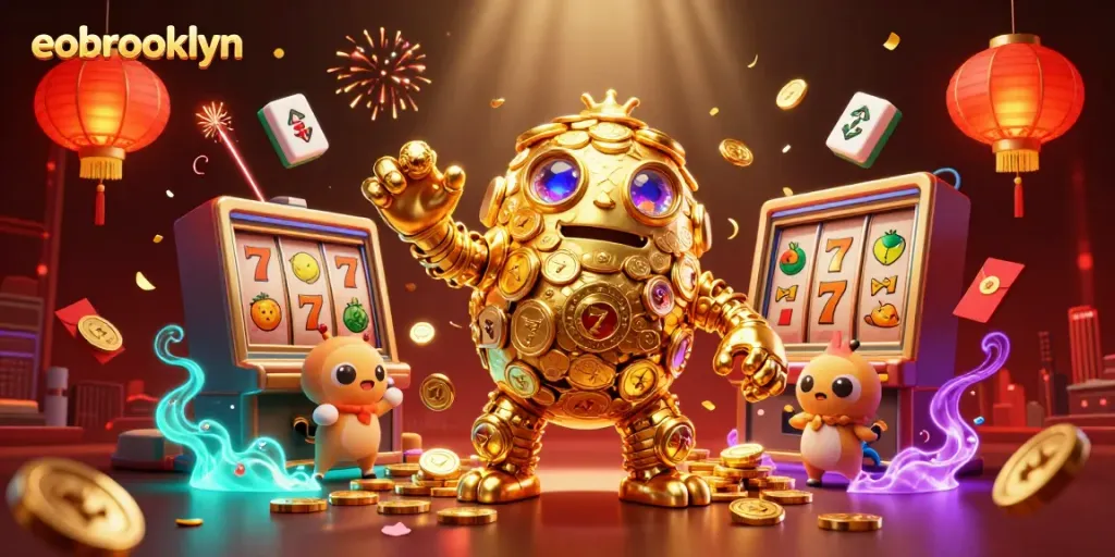 Experience thrilling slots with eobrooklyn's golden golem in an electrifying casino scene.