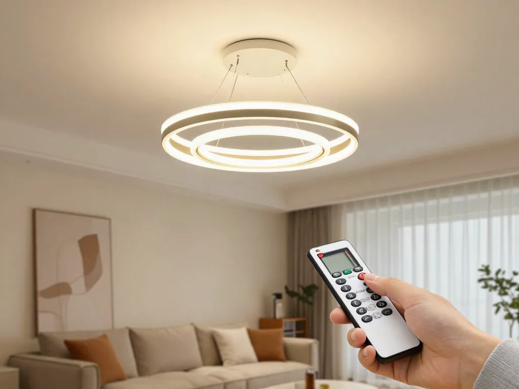 Lustre LED moderne instalate într-un living elegant de la un furnizor local de servicii.
