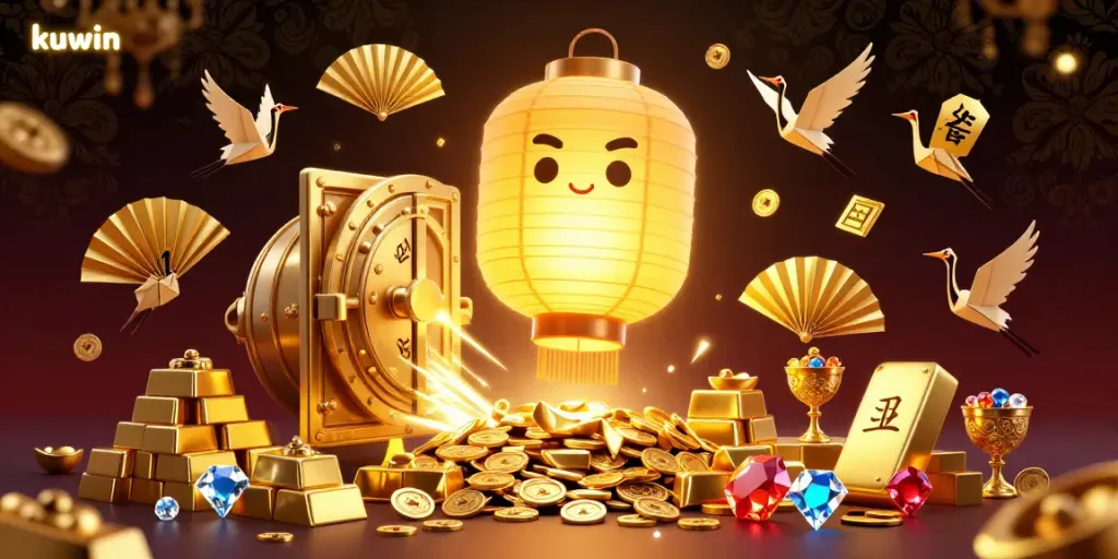 Kuwin's vibrant 3D casino scene showcasing a golden lantern spirit and dynamic wealth elements.