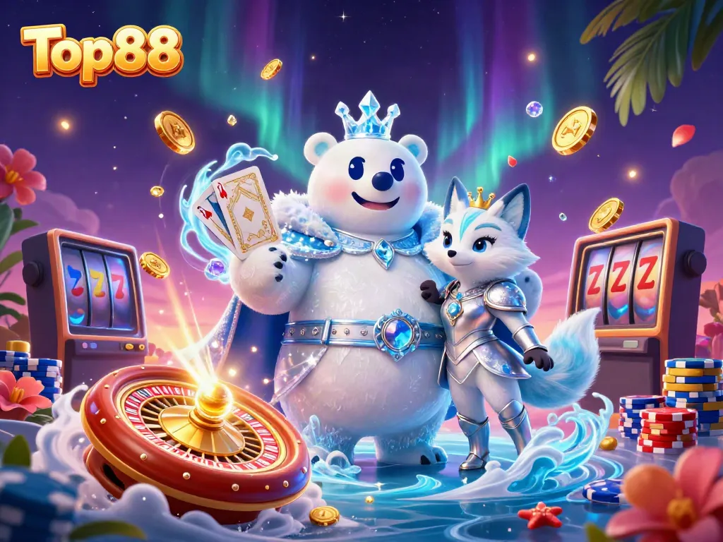 Experience thrilling gameplay with Top88 featuring an ice king polar bear and snow fox in a vibrant casino scene.