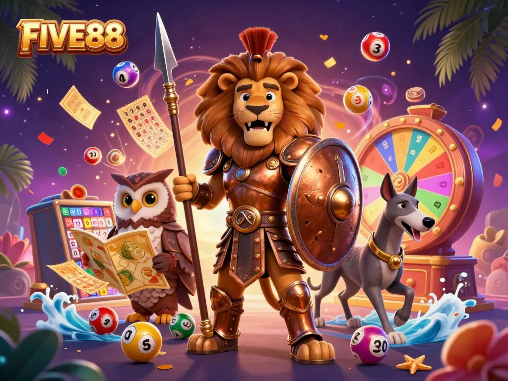 Engage with FIVE88's world of vibrant lottery excitement, featuring dynamic characters and colorful game elements.