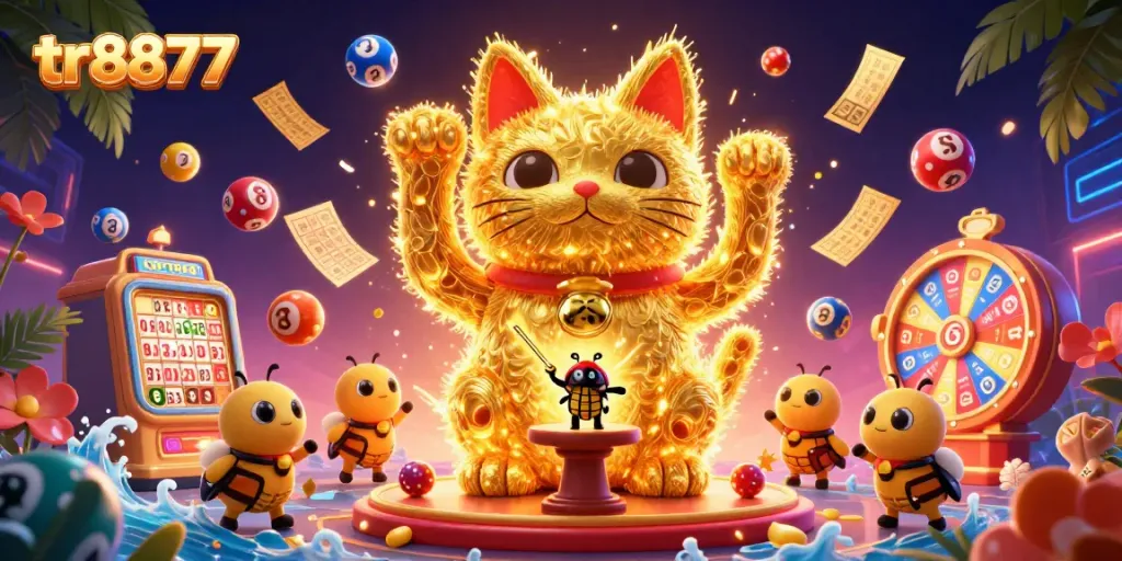 Feel the excitement and action at tr8877 with vibrant casino elements and a lucky cat illustration