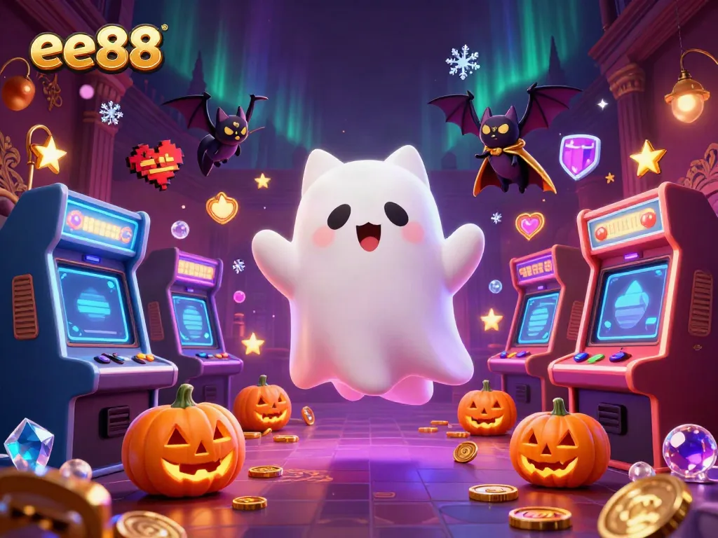 Play with ee88 in an enchanting casino world filled with glowing games and Halloween-themed characters.