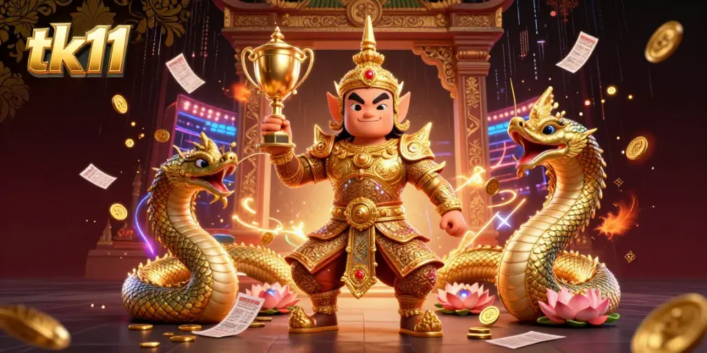 Bet on tk11 with an exciting scene featuring a temple guardian among vibrant sports betting elements.