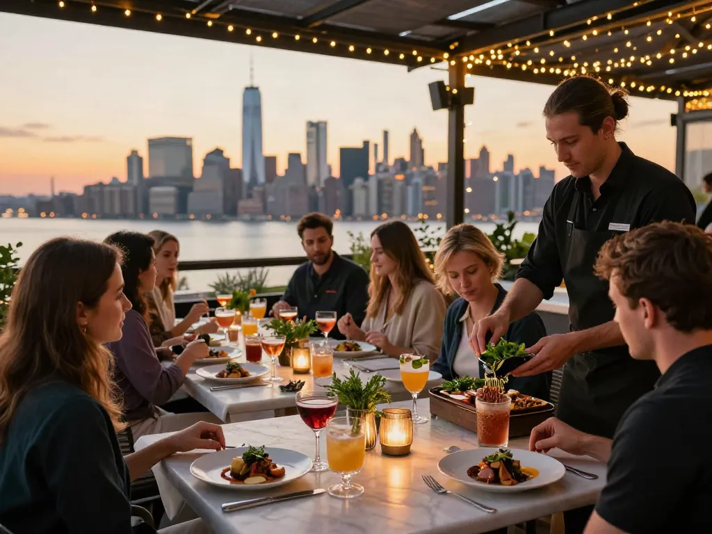 Stunning sunset at NoHu Rooftop Bar, guests savoring gourmet meals with NYC skyline.