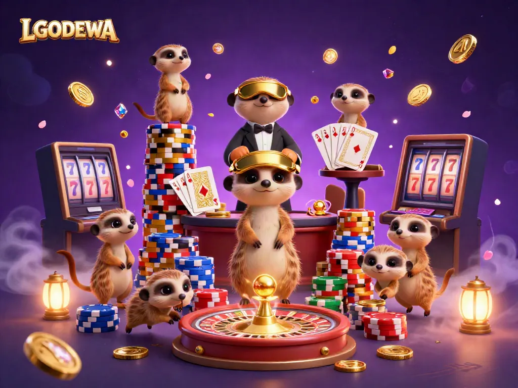 Experience the excitement of LGODEWA as cartoon meerkats engage in thrilling casino action with colorful chips and glittering gems.